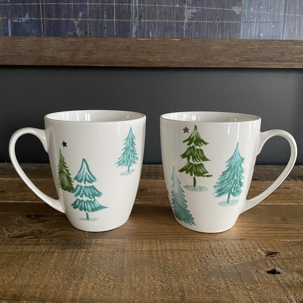 Set of 2 LENOX Balsam Lane Winter Tree Coffee Cups Mugs 4" Green White Blue